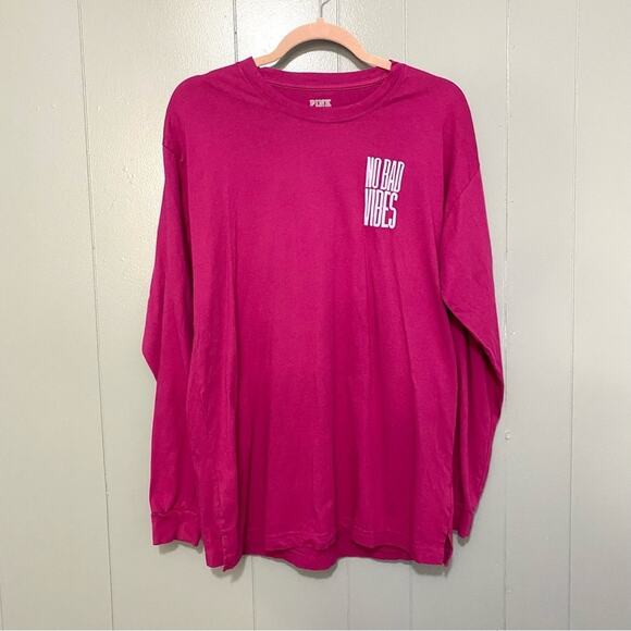 PINK Victoria's Secret Pink Magenta No Bad Vibes Graphic Crewneck Preppy Top M - Picture 1 of 7